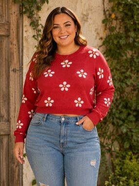 Francesca’s Red Daisy Cropped Sweater and daisy earrings bundle M L XL